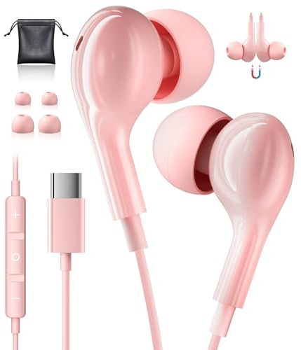 USB C Headphones HiFi Wired Earphones USB C Earbuds for iPhone 17 16 15 | Pink USBC Headphones with Mic Magnetic Type C Earphones for Samsung Galaxy S25 S24 S26 Ultra A16 A17 A56 iPad 10th iPad A16