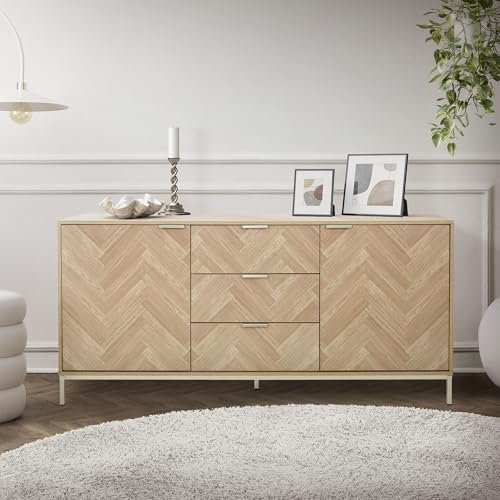 ML-Design Sideboard 160x75,5x40 cm, Eiche Optik mit Fischgrätenmuster, Metallgestell Gold, Kommode mit 2 Türen und 3 Schubladen, Anrichte mit 5 Füßen, Aufbewahrungsschrank für Küche und Wohnzimmer