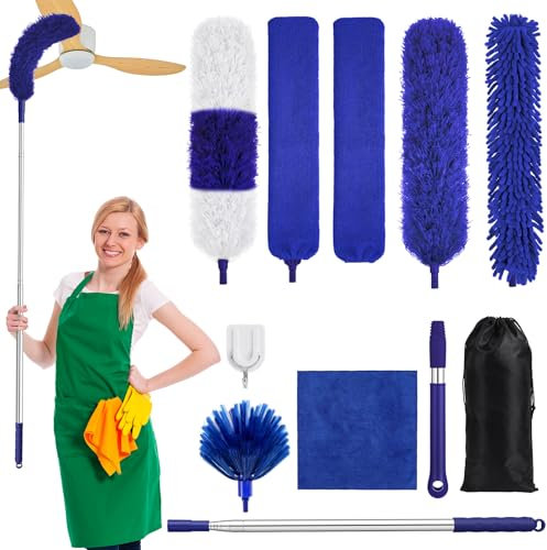 wlich Feather Duster with Extension Pole, 11 Pcs Reusable Bendable Washable Cobweb Duster with Extension Pole 15-84 Inch0, for Cleaning High Ceilings, Fans, Furniture and Hard-to-Reach Areas