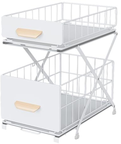 KEBMCHN 2 niveles de almacenamiento de especias, cajones bajo el lavabo, estante de metal para mueble bajo, organizador de armario abatible para cocina, organizador de productos de limpieza, altura
