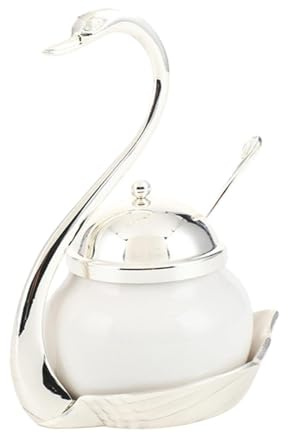 Qianly Zuccheriera Sale Ciotola Scatola per Condimenti Contenitore a Forma di Cigno Zuccheriera in Ceramica Contenitore per Spezie per caffè Bar Sale, Argent