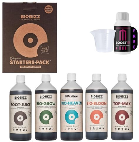 GROWMANIA Starter Pack di Biobizz + Campione Boost Up Nutrients + Misurino | Set fertilizzanti per piante e colture | Starterset | Fertilizzante liquido per fiori
