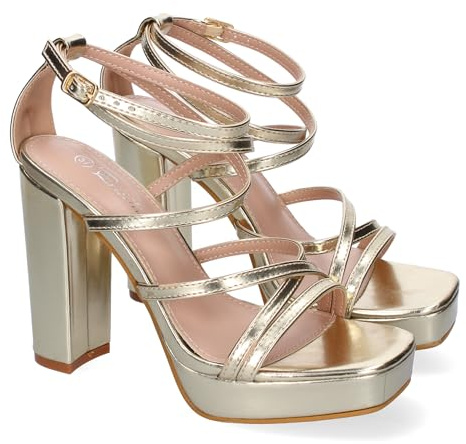 shoes&blues.es 91317 Sandalias de Tacon para Mujer, Elegantes, Diseno Moderno con Tiras Cruzadas con Cierre de Hebilla, Ideales para Primavera-Verano. Oro Talla 37