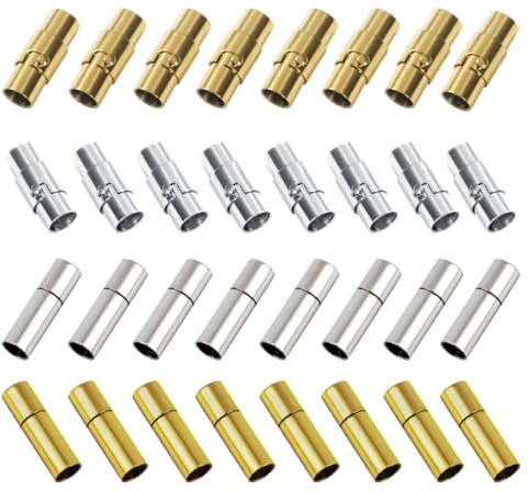 Zzcy 32 Pezzi Tappi Terminali per La Gioielleria 4 mm Tappi per Cordoncino Pelle Oro e Argento Chiusure Magnetiche per Braccialetti Cappuccio Terminale in Pelle per Cuoio Corda Collana Bracciale