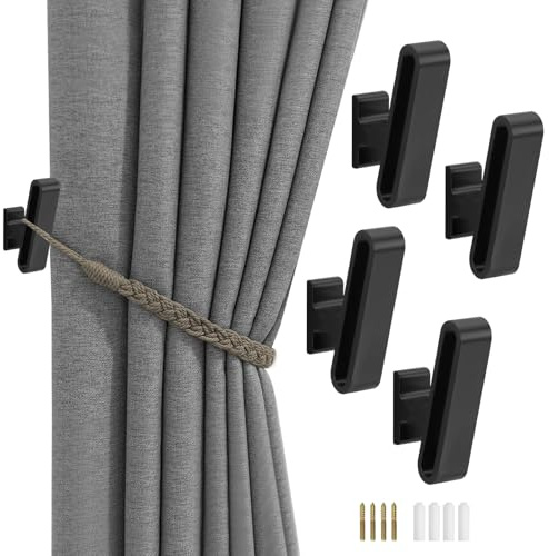 Modixun Paquete de 4 ganchos de alzapaños de cortina, soportes de cortina montados en la pared con tornillos, soporte decorativo de aleación para cortinas, color negro