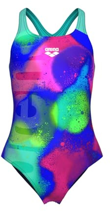 ARENA Performance Girls’ Spray Paint Swim Pro Back Athletic One Piece Swimsuit Cute Pool Training Chlorine Resistant Swimwear, Navy/Water, Size 8-10(26)
