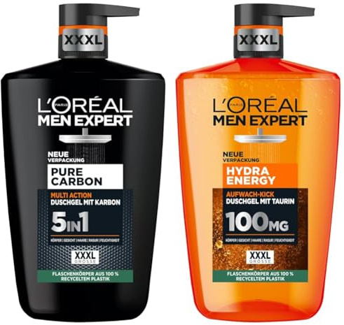 L‘Oréal Paris XXXL Duschgele – Für Ihn: Men Expert Set mit Hydra Energy Duschgel und Shampoo mit Taurin und Pure Carbon 5in1 Duschgel und Shampoo mit Karbon
