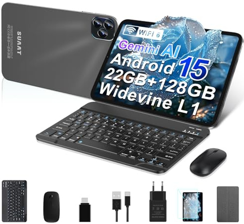 GOODTEL Android 15 Tablet 10.1 Zoll 22 GB RAM + 128 GB ROM (2 TB TF), Octa-Core, WLAN 5G, Gemini AI, GMS, Widevine L1, 8 MP + 5 MP, Typ C, OTG, Cast, Tablet-PC mit Hülle, Tastatur und Maus, Schwarz