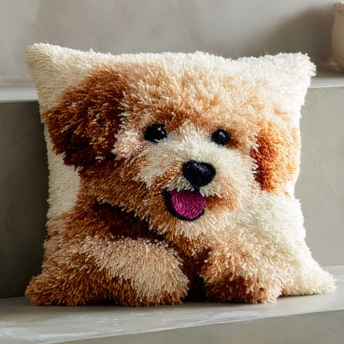 AxiangziK Tier Hund Knüpfkissen Set,süßer Welpe,für Kinder oder Anfänger Erwachsene zum Selber Knüpfen,DIY Knüpfteppich Knüpfpackung,Knüpfhaken Set,17x17in