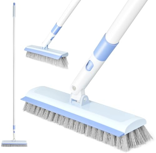 XXFLOWER 2 In 1 Floor Scrubbing Brush with Squeegee Edge,Long Handle | Bathroom Floor Cleaning Scrubber, 180° Adjustable Long Handle, for Cleaning Garage, Tile, Hardwood, Pool, Patio