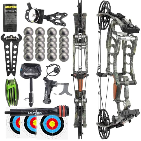 FQH Jagd-Riemenscheibe Dual-Use-Compoundbogen 30-60 lbs Rechtshänder Stahlkugeln 420 FPS Let-Off 80% 19 Achse für Auto-Schießziel-Training (Camouflage)