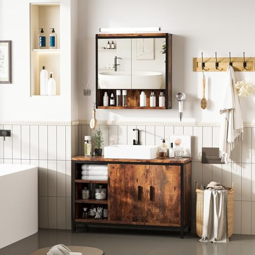ELUCHANG Badmöbel Set 2,Waschbeckenunterschrank und Spiegelschrank Bad mit Beleuchtung,Verstellbare Ablage Badezimmerschrank Badezimmer,Vintage+schwarz