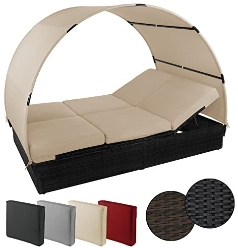 Montafox Sonnenliege Poly Rattan Doppelbett 200 x 140 cm Gartenliege 10cm Auflagen Dach Sonnendach Rücken/Fußelemente Verstellbar Doppelliege, Farbe:Titan-Schwarz/Sandstrand