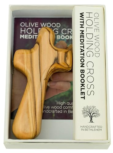 Deluxe Holding Cross Prayer Cross for Hand w/ Gift Box - Holy Land Olive Wood Cross - Large Comfort Cross Pocket Cross, Meditation Booklet & Authenticity Certificate - Christian Gift for Prayer