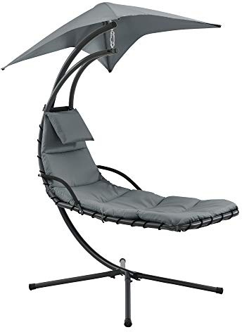 [en.casa] Hängeliege mit Sonnendach Schwebeliege mit Polsterauflage 120 kg Schwingliege Relaxliege Stahlgestell Polyester Grau