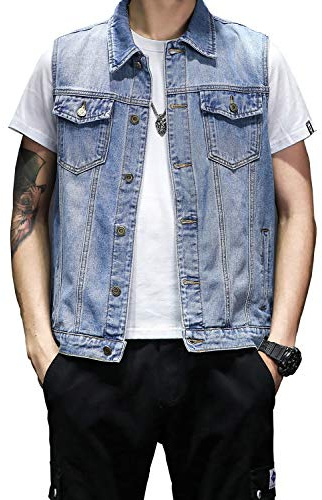 DAVID.ANN Mens Denim Vest Jacket Sleeveless Trucker Jean Jacket,Light Blue,Large