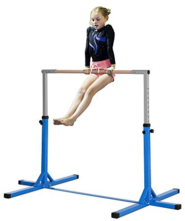HOMCOM Gymnastikstange für Kinder, höhenverstellbar Turnreck Reckstange, Reck Turnstange für Indoor & Outdoor aus Holz & stabile Stahlkonstruktion bis 75 kg belastbar, für 3+ Kinder, Blau