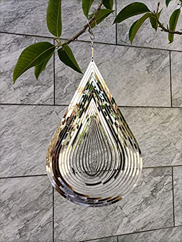 Wind Spinner Flowing-Light Effect Courtyard Decorations Made of Stainless Steel House Hanging Decoration 12“x 8“ Spinners with a 360° Rotating Hook (1 pc Water Drop-Silver)