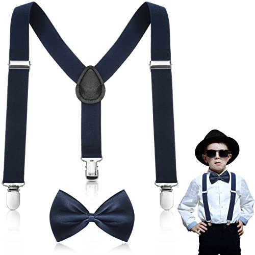 BBTO 2 Kinder Hosenträger Fliege Sets Y-Hosenträger mit Clip und Fliege (Marineblau)