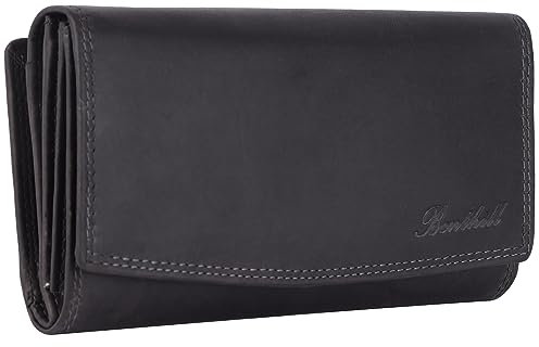 Benthill Damen Geldbörse Groß Echt Leder | Großes Portemonnaie XXL mit RFID Schutz | Vintage Echtleder Damenbörse mit vielen Kartenfächer inkl. Geschenkbox, Farbe:Grau