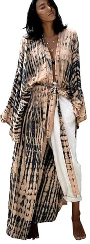 YouKD maxi-kimono-klänning, boho-cardigan, morgonrockar, strandtäckningar, bikini-badrockar, E Svart Aprikos, en storlek