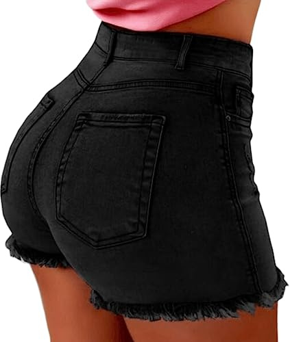 Pantalones Cortos Mujer Verano Vaqueros Cintura Alta Short Calientes Elasticidad Jeans con Bolsillos (S, Negro)