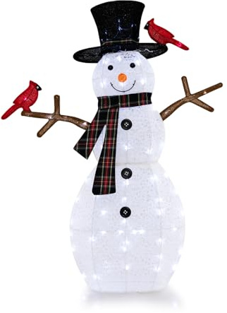 COSTWAY Pupazzo di Neve con luce a LED, Decorazione Natalizia con Luce Incorporata, Pupazzo di Neve e Uccello Rosso, per Giardino Cortile, 127 cm