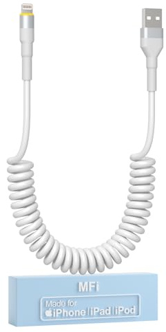 Spiralkabel iPhone Ladekabel für Apple Carplay, Lightning Kabel mit Datensynchronisation und LED, Kurz iPhone Kabel Fast USB auf Lightning Ladekabel Kompatibel für iPhone 14 13 12 11 Pro Max Mini 8 7