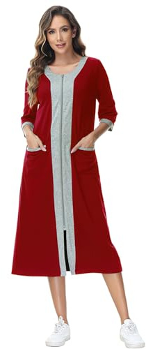 rismart Donna Manica 3/4 Zip Cappotto da Casa Casual Collo a V Camicia da Notte Vestaglia Abito Pigiama Borgogna,M