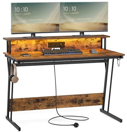 VASAGLE Gaming Desk, LED Lights, Built-In Power Outlets, 120 x 60 x 91 cm