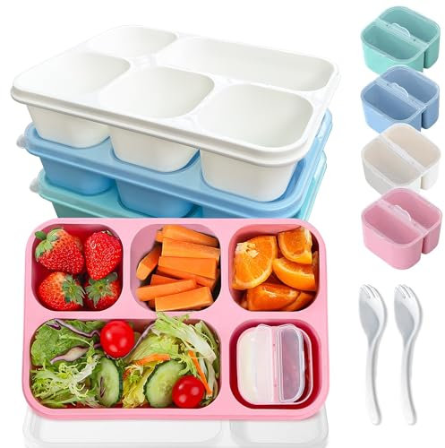 MEEYUU Bento-Lunchbox für Erwachsene und Kinder, 5 Fächer, Lunch-Behälter für Erwachsene mit Utensilien, wiederverwendbare Frischhaltedosen mit transparenten Deckeln, mikrowellengeeignet, 4 Farben, 4