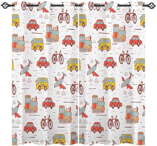 ANHOPE Verkehr Auto Flugzeug Fahrrad Blickdichte Gardinen mit Ösen Thermo Vorhänge Blackout Curtain Kinder Jungen Mädchen Verdunklungsvorhänge Wohnzimmer Schlafzimmer Vorhang 2er Set H 138 x B 107 cm