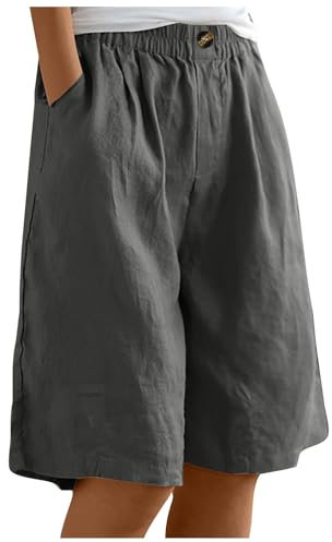 Leinen Shorts Damen High Waist, Kurze Hosen Damen Weites Bein,Bermuda Shorts Damen Knielang Leinenhose Baggy Cargoshorts mit Gummizug Sommerhose Leicht Schlafshorts Freizeithose für Frauen