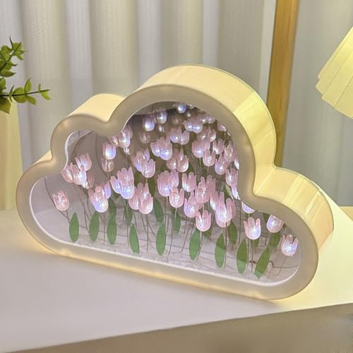 Forever Infinite Cloud Mirror Tulips, DIY Tulpe Nachtlicht, 2 in 1 Wolke Tulpe Lampe mit Spiegel, Romantische Tulpe Tischleuchte Nachttischlampe, LED Dekorative Nachtlampe für Schlafzimmer (Rosa)