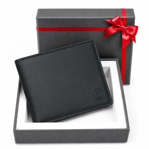 Trizek Leather Wallet for Men, Genuine Leather RFID Blocking Bifold Wallet, Minimalist Slim Design, Stylish and Secure Credit Card Holder (Black)