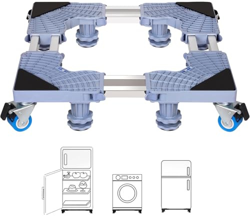 Base per lavatrice, frigorifero, base per lavatrice con dimensioni regolabili con funzione ammortizzante antiscivolo, portata fino a 200 kg (4 ruote + 8 piedi)