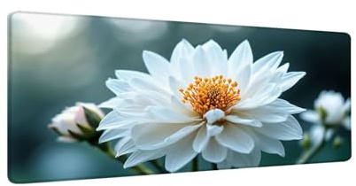 Tapis de Souris 1200x600x3mm Grand Tapis Souris XXL, Fleurs blanches Tapis de Souris Bureau, à Bords Cousus, Base en Caoutchouc Antidérapante, Sous Main pour Clavier et Souris, Decoration Maison W-505