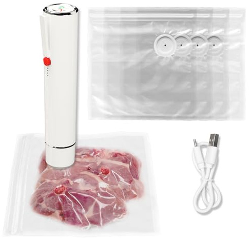 Envasadora al vacío de alimentos Doméstica Portátil, Envasadora al Vacío de Mano con Traje 5 Bolsas de Vacío, Mini Vacio Alimentos Fácil Operación Tipo-C de Carga Rápida de la Batería Duradera