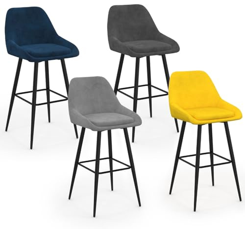 IDMarket - Lot de 4 tabourets de Bar THALYA en Velours Mix Color Bleu, Gris Clair, Gris foncé, Jaune avec Demi-accoudoirs