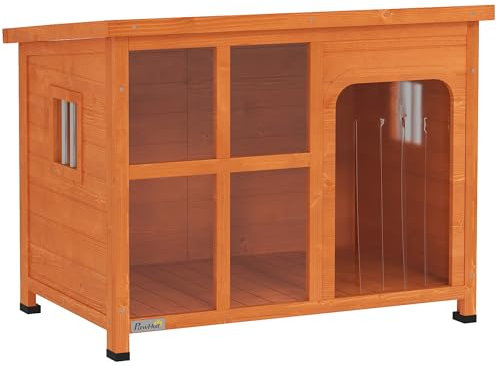 PawHut Outdoor-Hundehütte Kleine und mittlere Hundehütte mit Asphaltdach Falttür mit Vorhang Transparente Frontplatte und Abnehmbarer Boden 90x62x71 cm Natur
