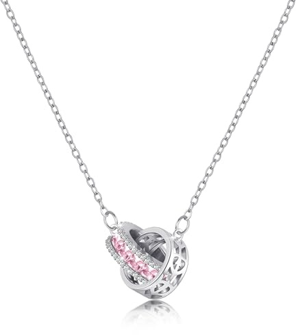 Linawe Collar rosa de acero inoxidable para mujer, collares con colgante de cuarzo rosa, cadena de plata con colgante, llamativa piedra de nacimiento, cristal, joyería a la moda