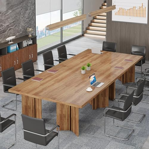 Tribesigns 320CM Conference Table, Large Rectangle Meeting Seminar Table for 10-12 Person, Long Wooden Business Tables, Large Home Office Computer Desk (Set of 4, Walnut)