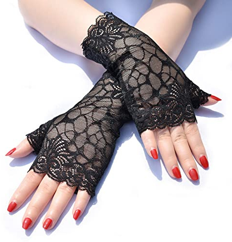 Generisch Steampunk Kostüm Damen – Fingerlose Netzhandschuhe Schwarz & Weiße Spitzenhandschuhe, retro-steampunk-stil Elegante Kostüm Hexe Damen Accessoires für Hochzeit, Party & Retro-Look