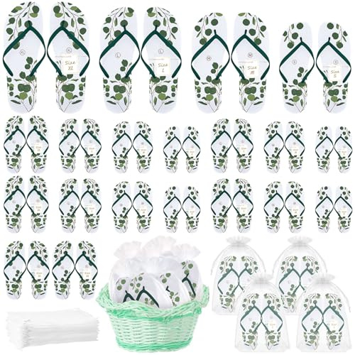 MALLOOM Lot de 24 Paires de Tongs pour Invités de Mariage – Thème Eucalyptus avec Cartes et Sacs – Cadeaux de Mariage pour Fête à la Piscine ou à la Plage (Vert)