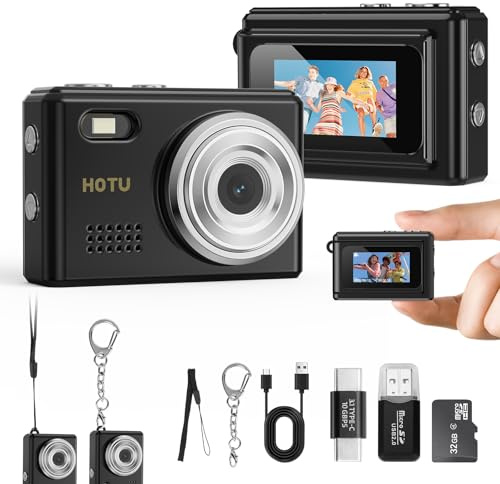 HOTU Mini Keychain Digital Camera, Y2K Pocket-Size Mini Camera, 2MP 1080P Small Camera with 32GB Card, Video Recorder with Long Battery Life for Travel, Party and Vlog (Black)