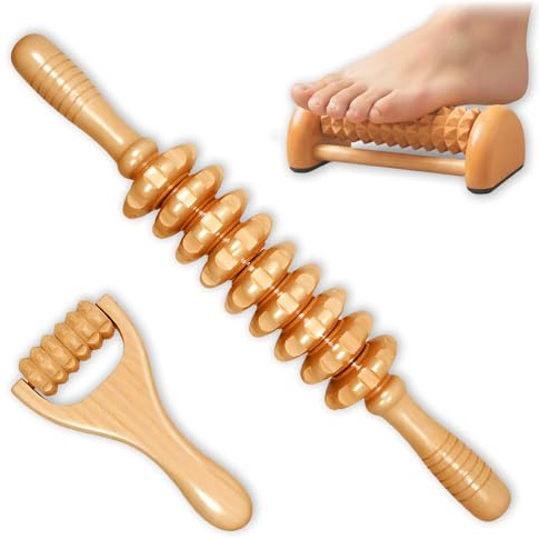 Thetsify 3Pcs Wood Therapy Massage Tools, Lymphatic Drainage & Maderoterapia Kit for Body Sculpting, Anti Cellulite, Wooden Muscle Roller for Deep Tissue, Back, Legs, Foot Roller for Plantar Fasciitis
