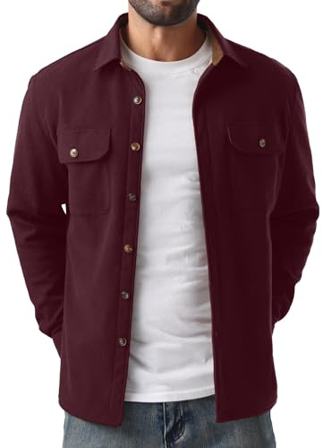 QIXING Men's Fleece Lined Corduroy Shirt Button Down Long Sleeve Jacket Trucker Overshirt Autumn Winter Coats with Flap Pockets (Burgundy, M)