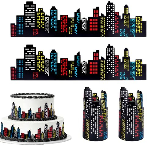 4pcs Spider Skyscraper Cake Toppers with Adhesive Dots | City Theme Cake Topper Skyscraper Border Decorations for Birthday Party & Construction Themed Events