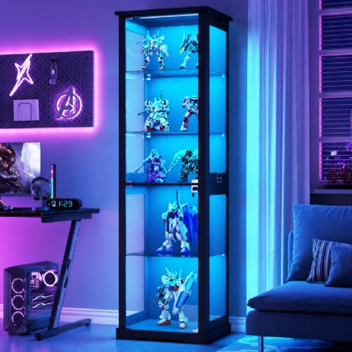 Lvifur 180cm 5-Lagen Glasvitrine mit LED Beleuchtung und Glastüren,Schwarz