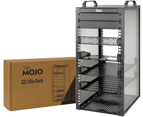 Tecmojo Mini rack de 10 pulgadas 12U de 260 mm de profundidad para escritorio, con bandeja SBC, placa adaptadora micro HDMI a HDMI y cubierta ciega, para dispositivos AV, NAS y servidores de 10